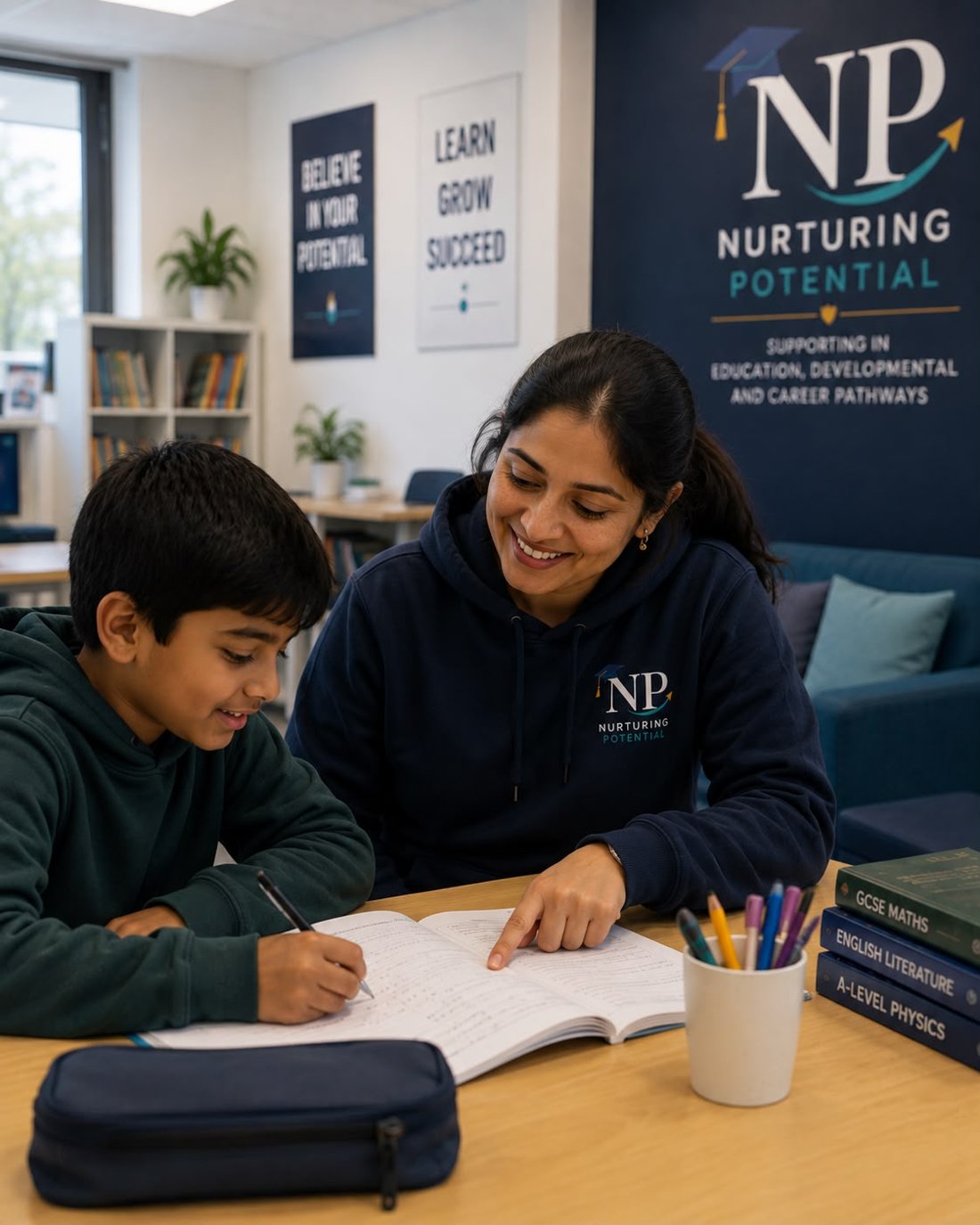 A Nurturing Potential tutor helping a student with schoolwork