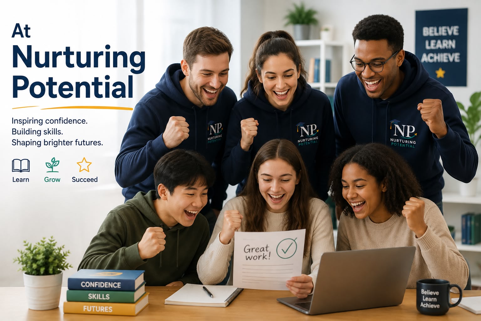 Nurturing Potential tutors and students celebrating together around a laptop